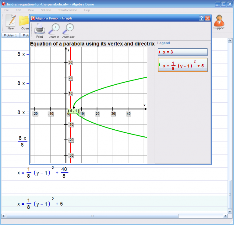 Finally, Algebrator shows the graph of the given parabola, together with its vertex and the equation of its directrix.