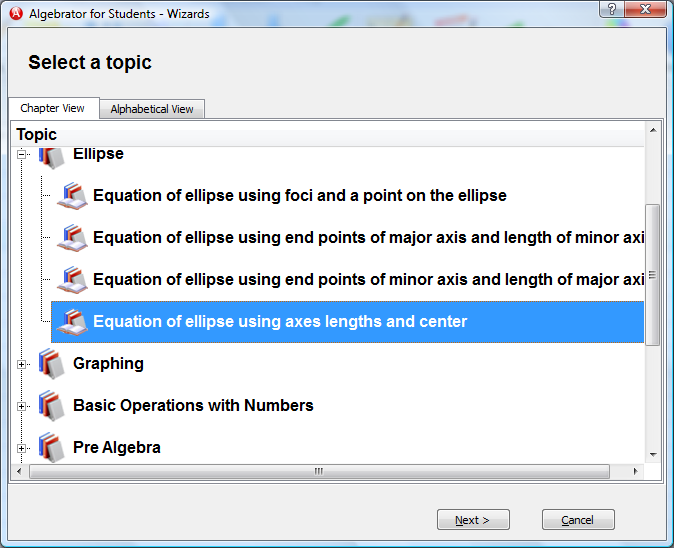 Algebrator can easily solve problems such as the one you posted on Yahoo Answers. Finding the Equation of Ellipse using axes lengths and center is one of the many tasks available on the Wizard menu. An example using your data is described below.