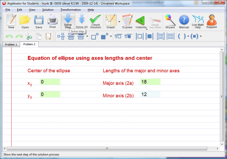 You then enter the values given for the Center and both Axes and press the "Solve" button. The software then gives you some choices for solving this problem and as the foci is on the x-axis, you will have to choose Major axis parallel to x-axis.