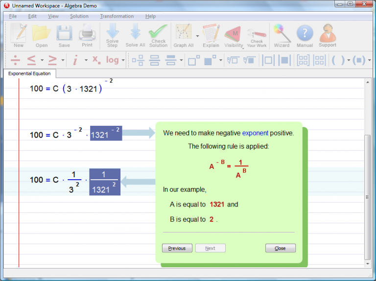 Some Important features our Algebra software provides are: 1.Flash demos, found under the drop-down menu "Help->Tutors". The demos are also available online at "https://softmath.com/demos/", where you may simply select any of the ".htm" files and the demo will play within your browser 2. Wizard button - for example, click the Wizard button and look under the different categories to see the many useful templates for solving your homework problem. 3. The Explain button, which provides the mathematical logic involved in the selected step. 